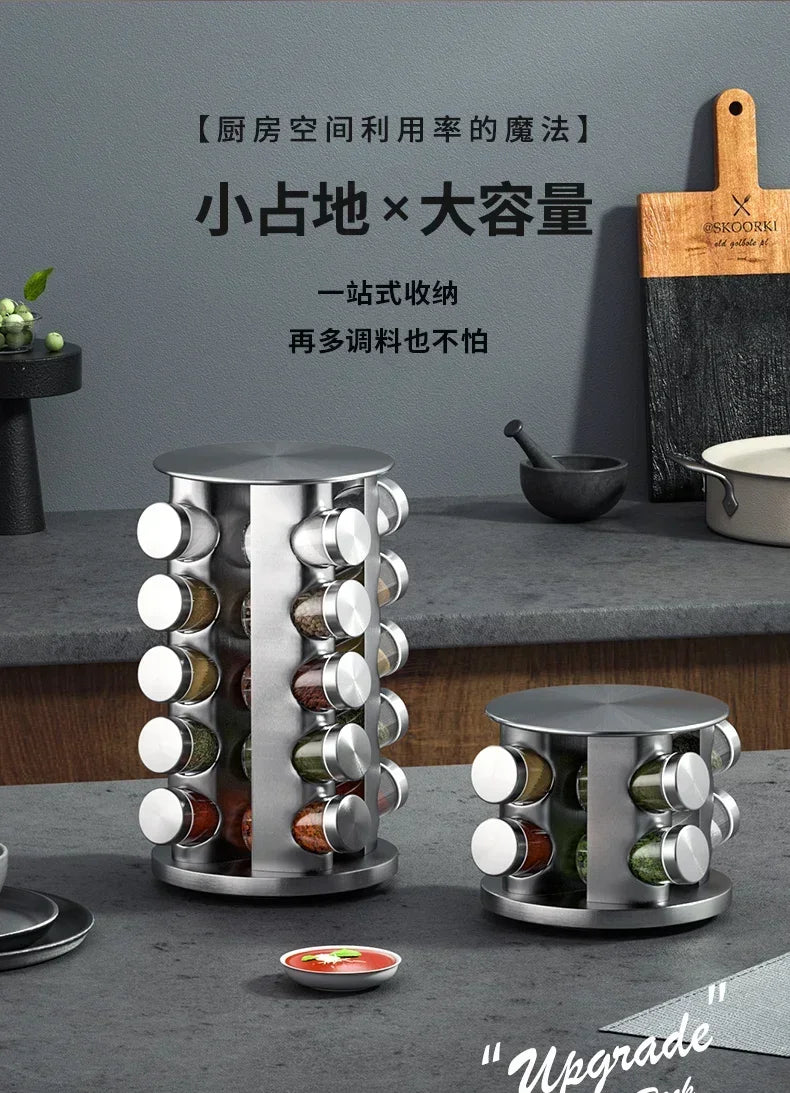 Multi-layer Rotation Spice Jar 430 Stainless Steel Glass Seasoning Rack Set Herb & Spice Tools Counter Corner Kitchen Supplies